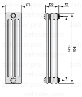 Схема (чертеж) Радиатор Zehnder Charleston 5180/3 №7610 Белый глянцевый RAL 9016